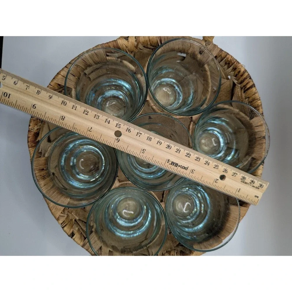 Vintage Libbey Aqua Blue Saturn Optic Ripple Glassware Set With Basket Carrier